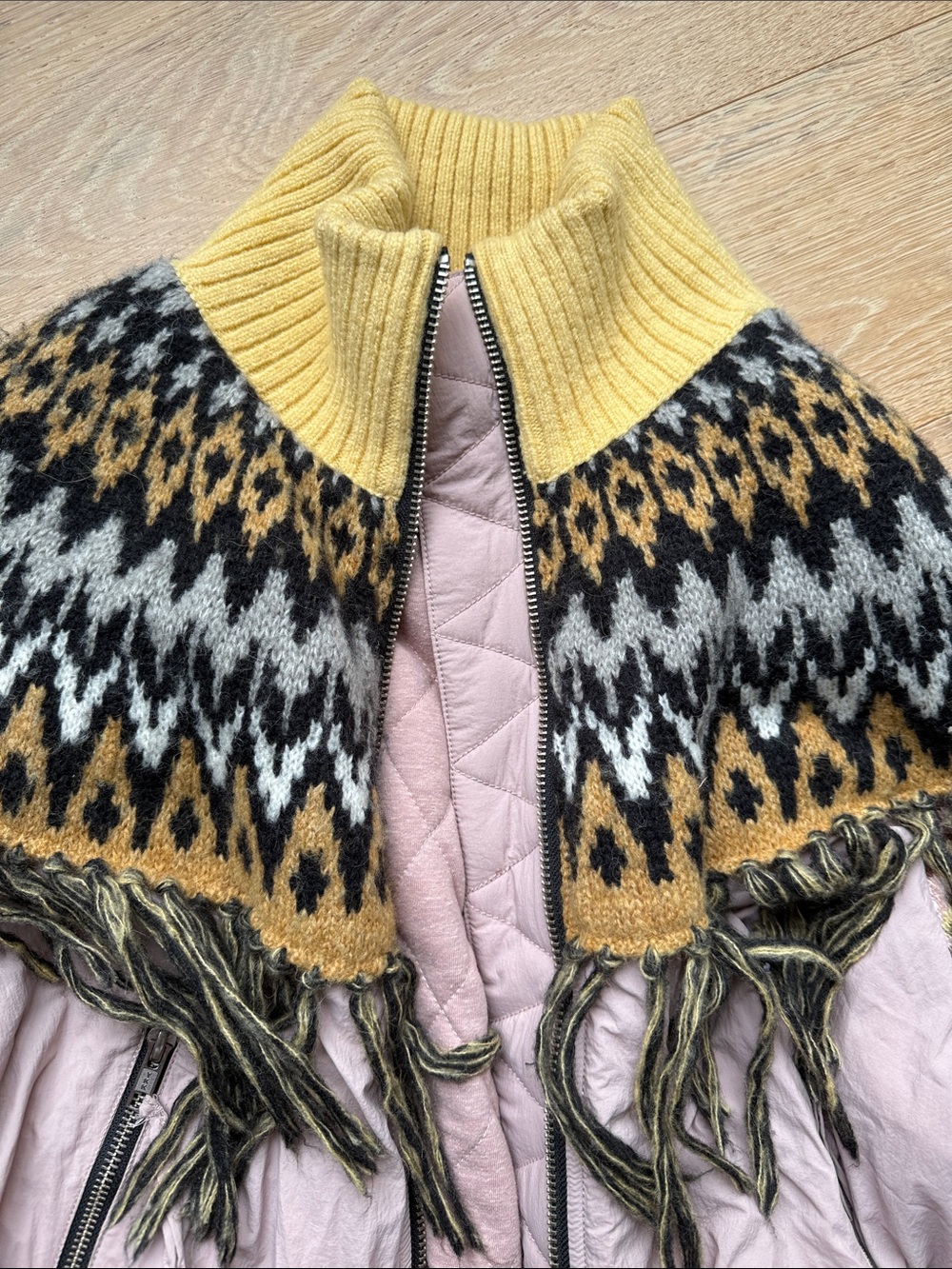 Women's Quilted Knit Fringe Bomber Jacket - Pastel Pink & Yellow - Picture 2 of 5